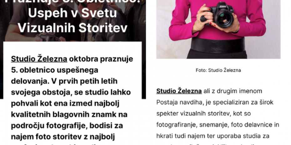 Studio Železna praznuje 5. obletnico: Uspeh v svetu vizualnih storitev